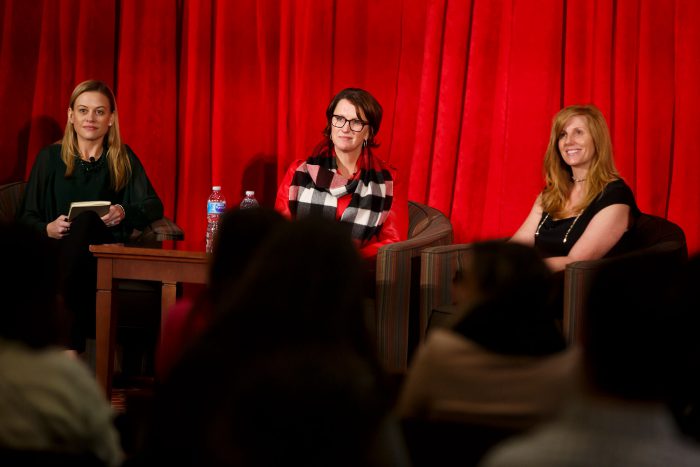 Paige Westin, Karen Ferguson, and Kim Barrett listen to audience questions