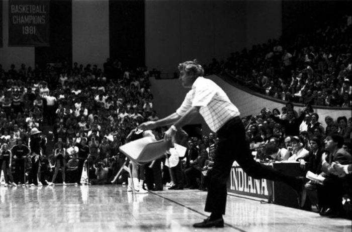 Bob Knight famously throws chair.