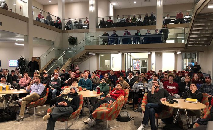 Students and members of the community sit in the Franklin Hall Commons to watch a screening and hear a Q&A