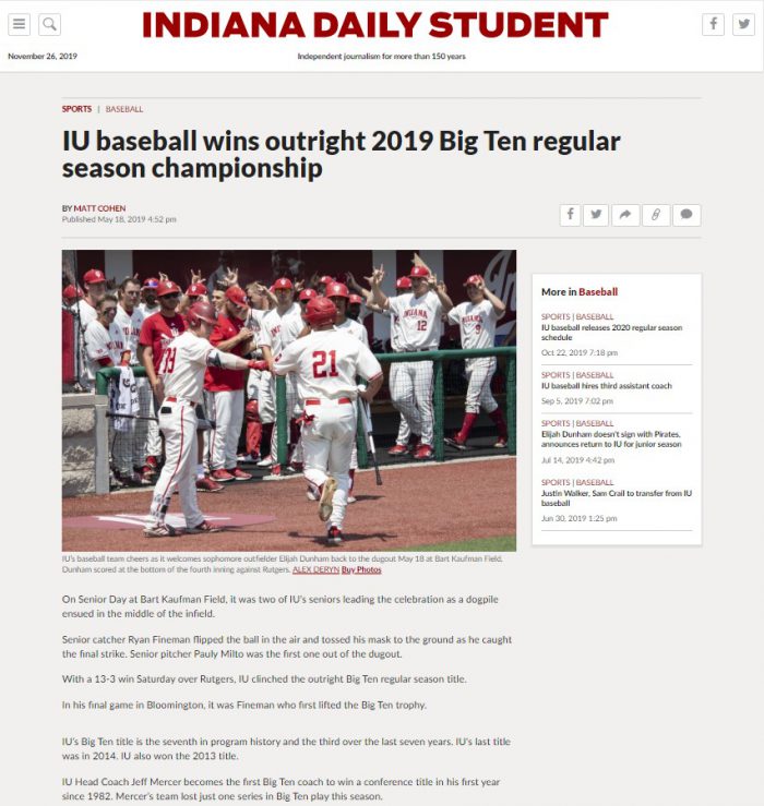 Indiana Daily Student baseball article